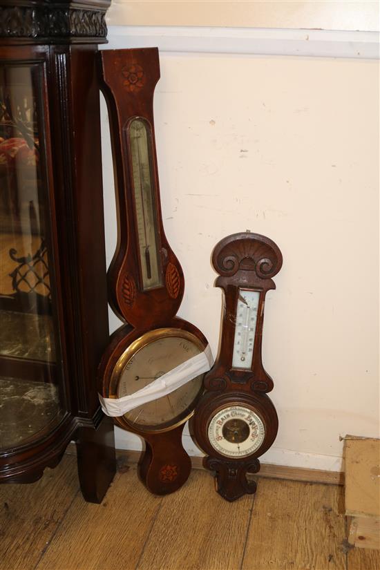 Stone of Aylesbury. A George III mahogany stick barometer and two other barometers W.11cm, 25cm and 18cm (a.f.)